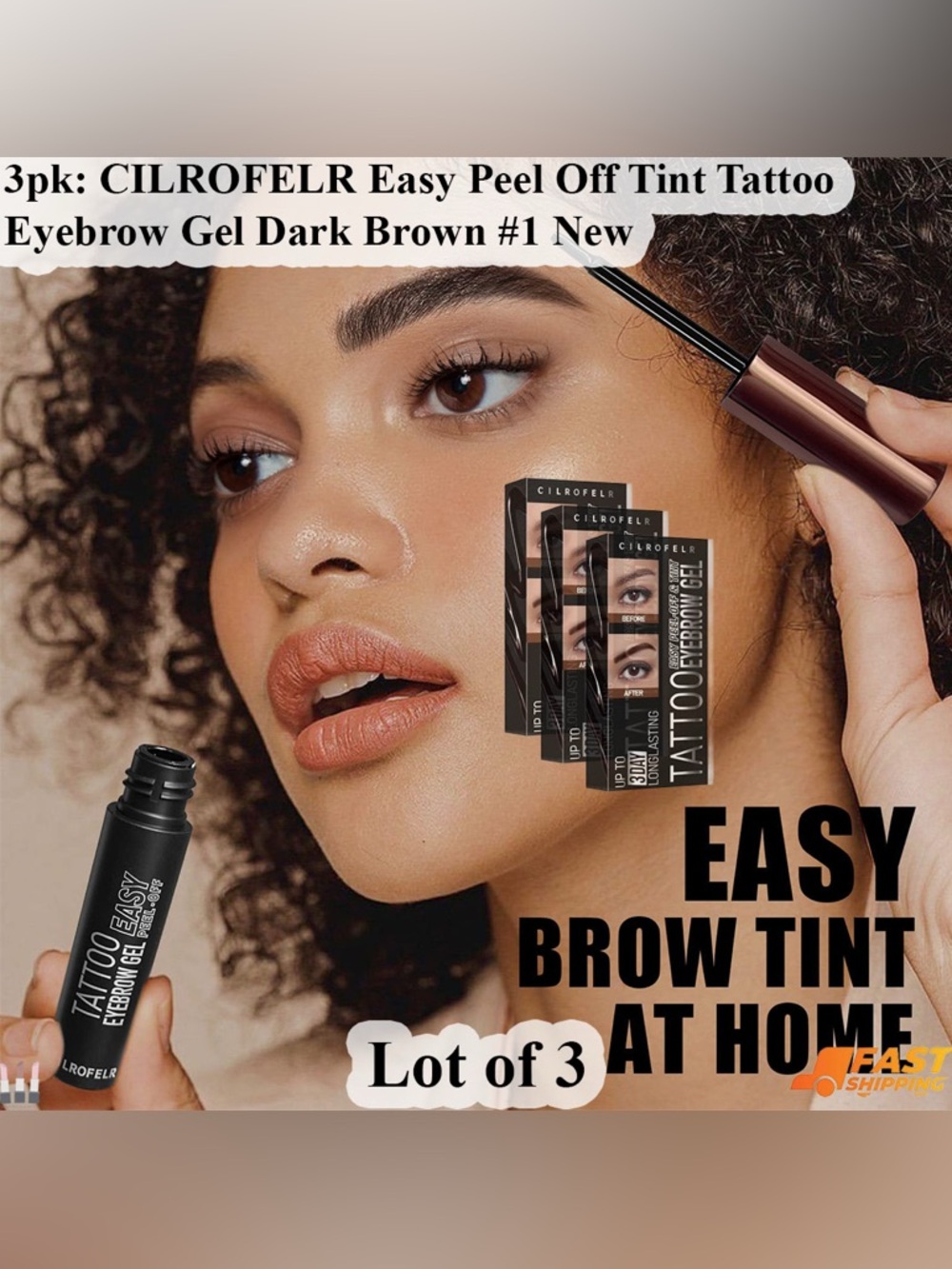 3pk: CILROFELR Easy Peel Off Tint Tattoo Eyebrow Gel Dark Brown #1 New